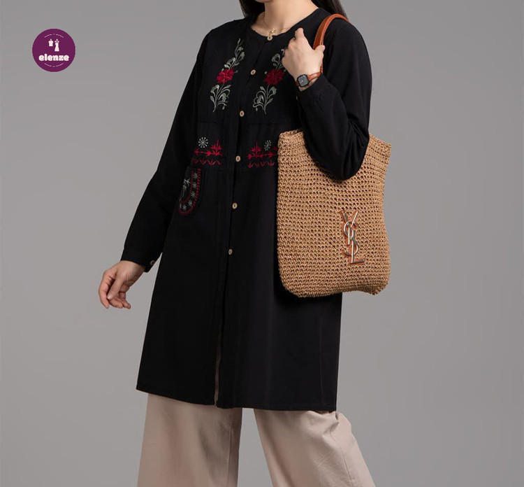 مانتو زنانه مشکی و سرمه ای دکمه دار الیاف طبیعی هلن