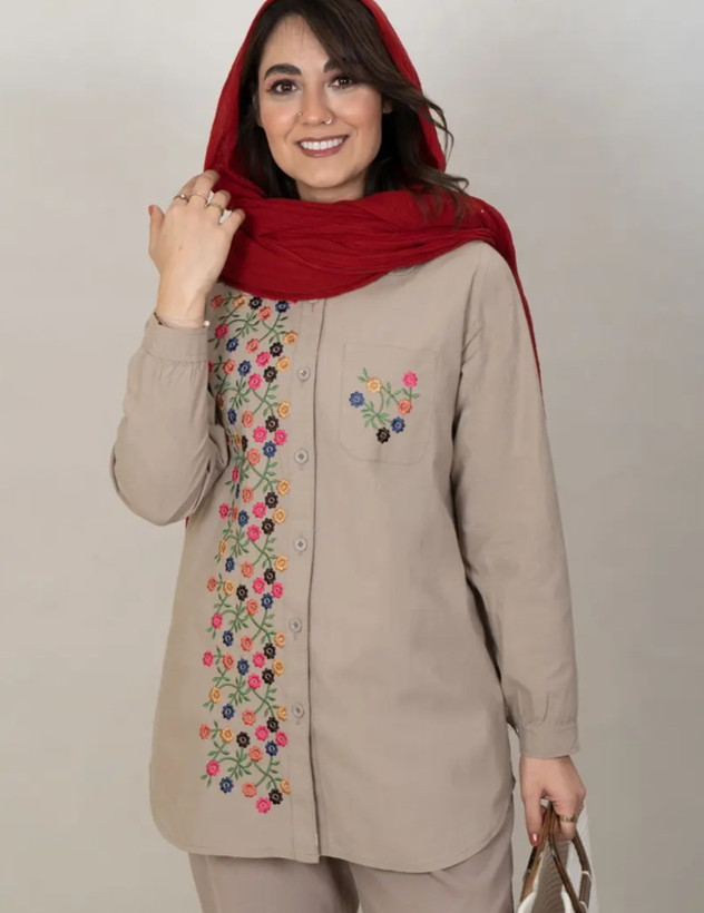 شومیز مانتویی زنانه گلدوزی شده الیاف طبیعی ارغوان
