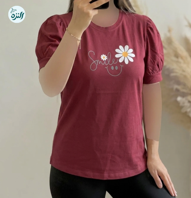 تیشرت زنانه پنبه آستین پاکتی چین دار طرح لبخند