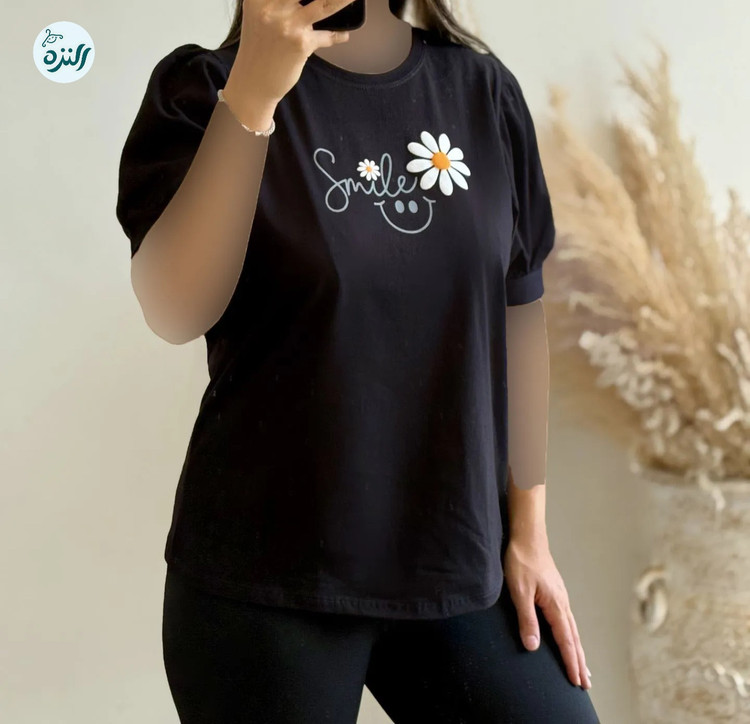 تیشرت زنانه پنبه آستین پاکتی چین دار طرح لبخند